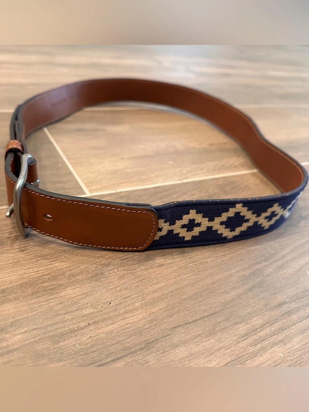 La Matera Corbina Woven Leather Belt Navy Khaki Size 38